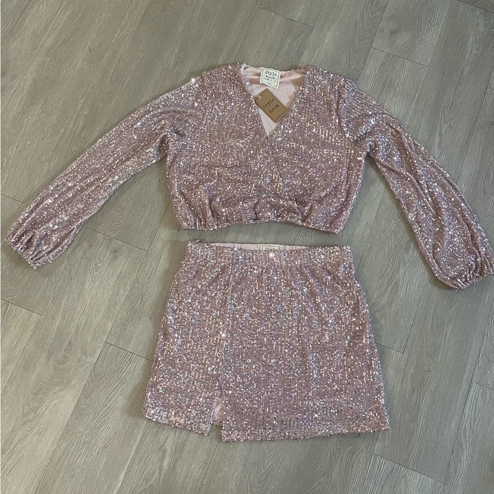 Pink Sequin Crop Top and Skirt Set